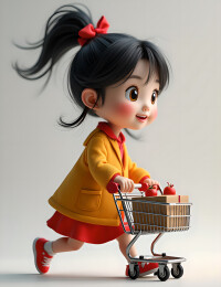 女孩推着购物车购物节3D立体插画