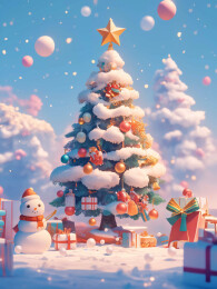 礼物包裹中的圣诞树和雪人场景