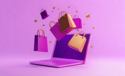 3D紫色卡通笔记本电脑和购物袋