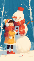 冬天女孩雪人唯美小清新插画