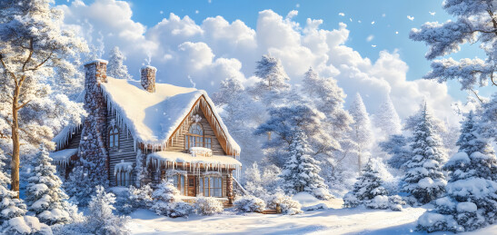 冬天森林中的房屋唯美风景