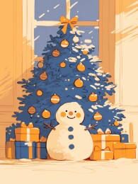房间里的圣诞树雪人和礼物插画