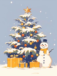 圣诞树前雪人和礼物