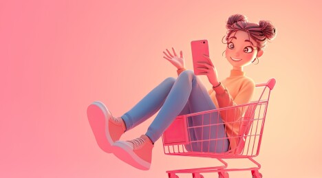 3D卡通坐在购物车里的女孩