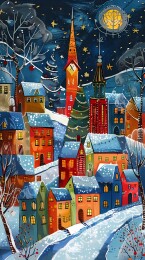 雪景村庄插画海报背景