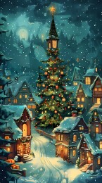 雪景村庄插画海报背景