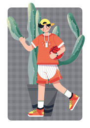 卡通打篮球运动男孩与仙人掌背景装饰插画