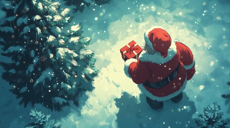 圣诞老人拿着礼物，旁边有棵圣诞树