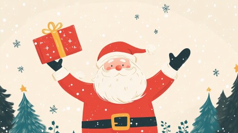 圣诞老人拿着礼物，双手张开，卡通插图
