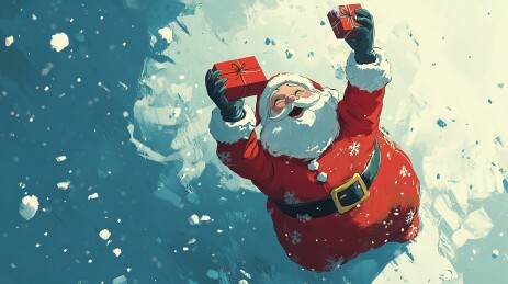 圣诞老人在雪地上双手举着礼物的顶视图视角