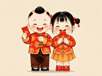 男孩女孩过年民族拜年拿红包