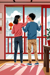 贴年红贴窗花插画