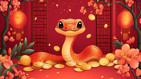 中式蛇年盘旋在金币上的蛇春节素材