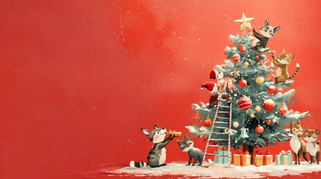 一群小动物正在装扮圣诞树
