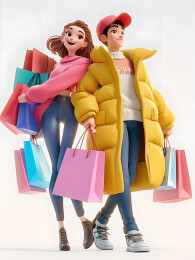 拿着购物袋的年轻男女人物插画3D插画