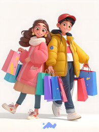 拿着购物袋的年轻男女人物插画3D插画