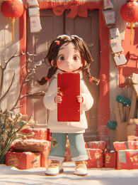 拿着礼物的3D新年小女孩