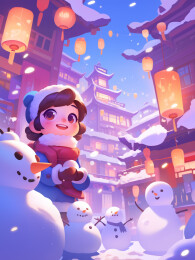 卡通可爱女孩建筑雪人喜庆插画