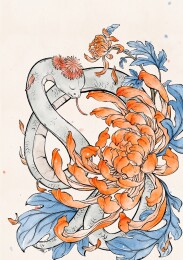 蛇年国风手绘插画系列菊花蛇