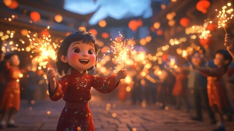  孩子们穿着新衣服在院子里放鞭炮