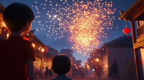 新年人们观赏夜空中绽放着五彩斑斓的烟花