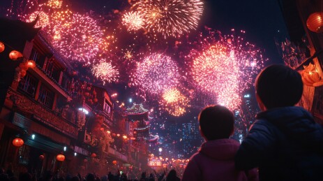 新年人们观赏夜空中绽放着五彩斑斓的烟花
