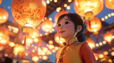 人们在欣赏公园里挂满了五彩缤纷的花灯