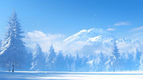 清新蓝色天空白云雪景森林