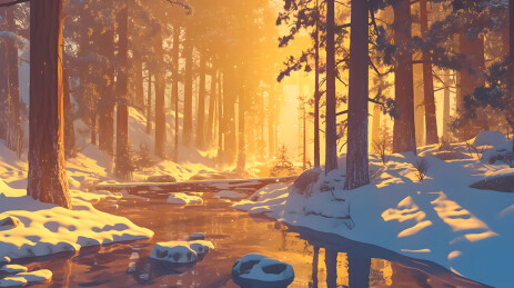 黄昏霞光中积雪的河流森林