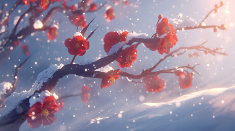 下雪天雪花纷飞中积雪的红色梅花花枝