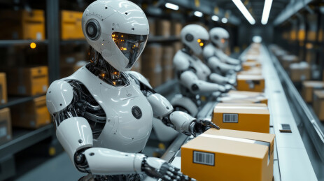 工厂车间流水线上做打包工作的机器人