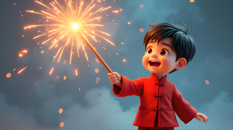 可爱的孩子手拿烟花棒3D立体插画
