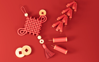 中国结和金币鞭炮3D渲染