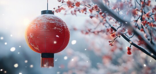 大雪中红梅上的灯笼