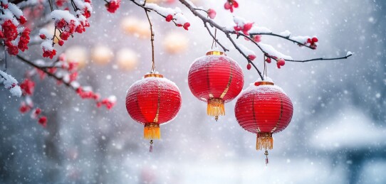 大雪中红梅上的灯笼