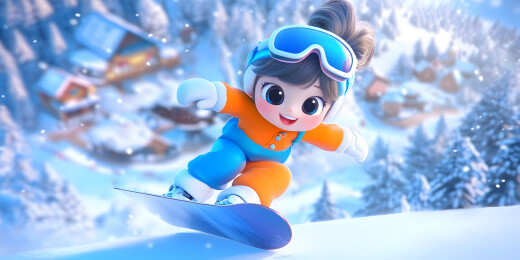 3D卡通冬天女孩在户外滑雪