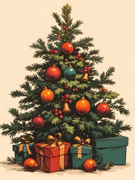 圣诞树铃铛礼物复古风插画