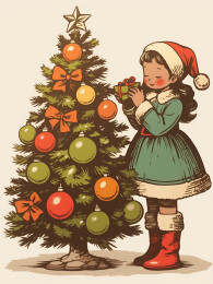 圣诞树女孩铃铛礼物复古风插画