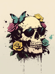 骷髅头玫瑰花蝴蝶暗黑风潮流插画