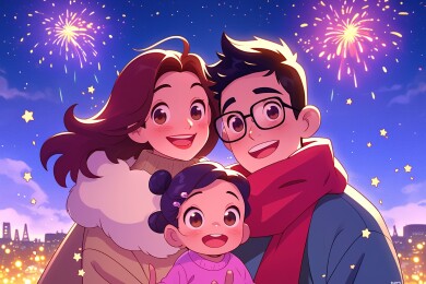 节日里一家人一起看烟花