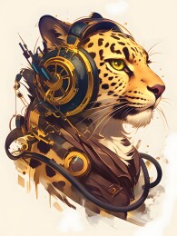 带着耳麦的卡通金钱猎豹T恤图案印花插画