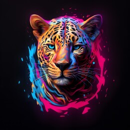 蓝粉色赛博金钱猎豹头像T恤印花图案