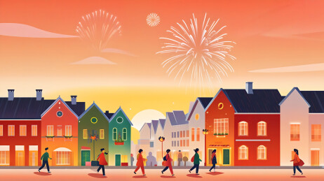 春节街道烟花红色背景插画