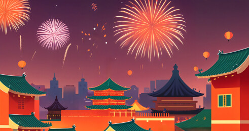 春节街道烟花红色背景插画