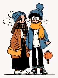 提着灯笼的情侣涂鸦风插画