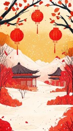 2025新年海报背景，传统红灯笼与桃花