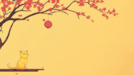 桃花树下的猫，极简传统国风背景