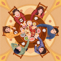 家庭聚餐年夜饭团年饭团聚插画