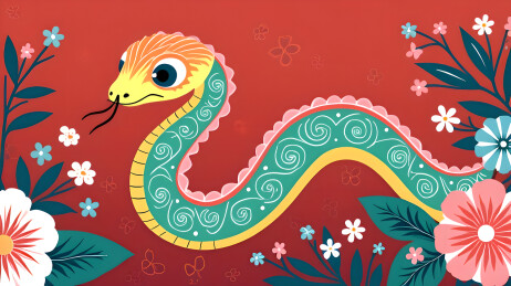 多彩的花卉图案可爱的生肖蛇插图