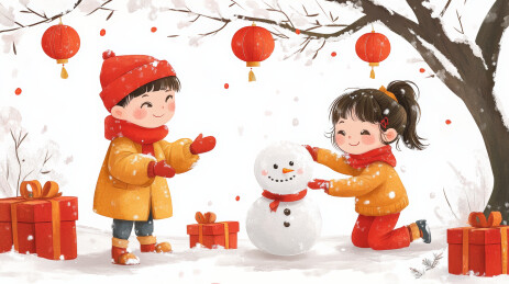 冬天的户外树下堆雪人的儿童